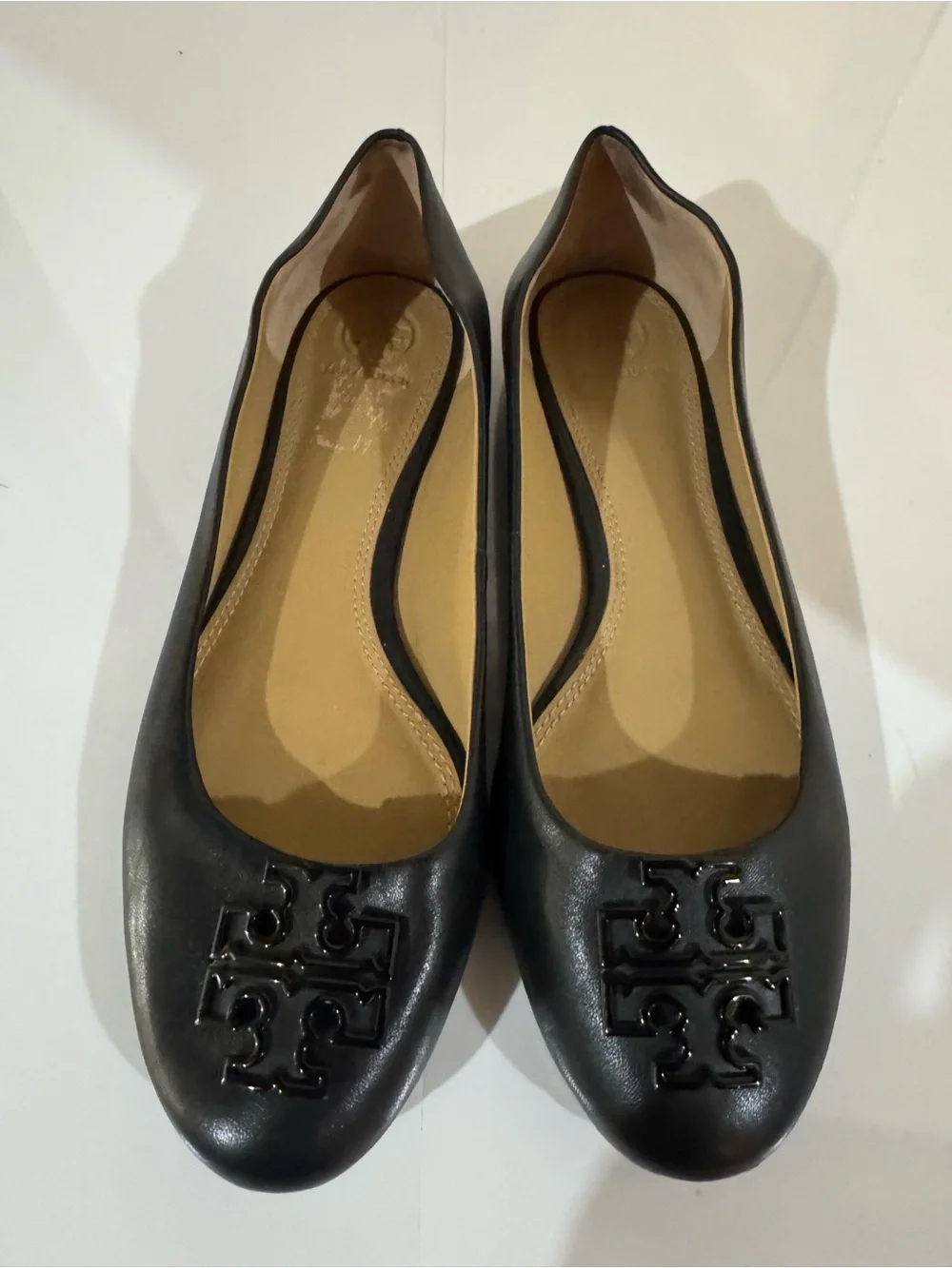 Tory Burch Black Leather Logo Round-Toe Ballet Flats Size 8.5